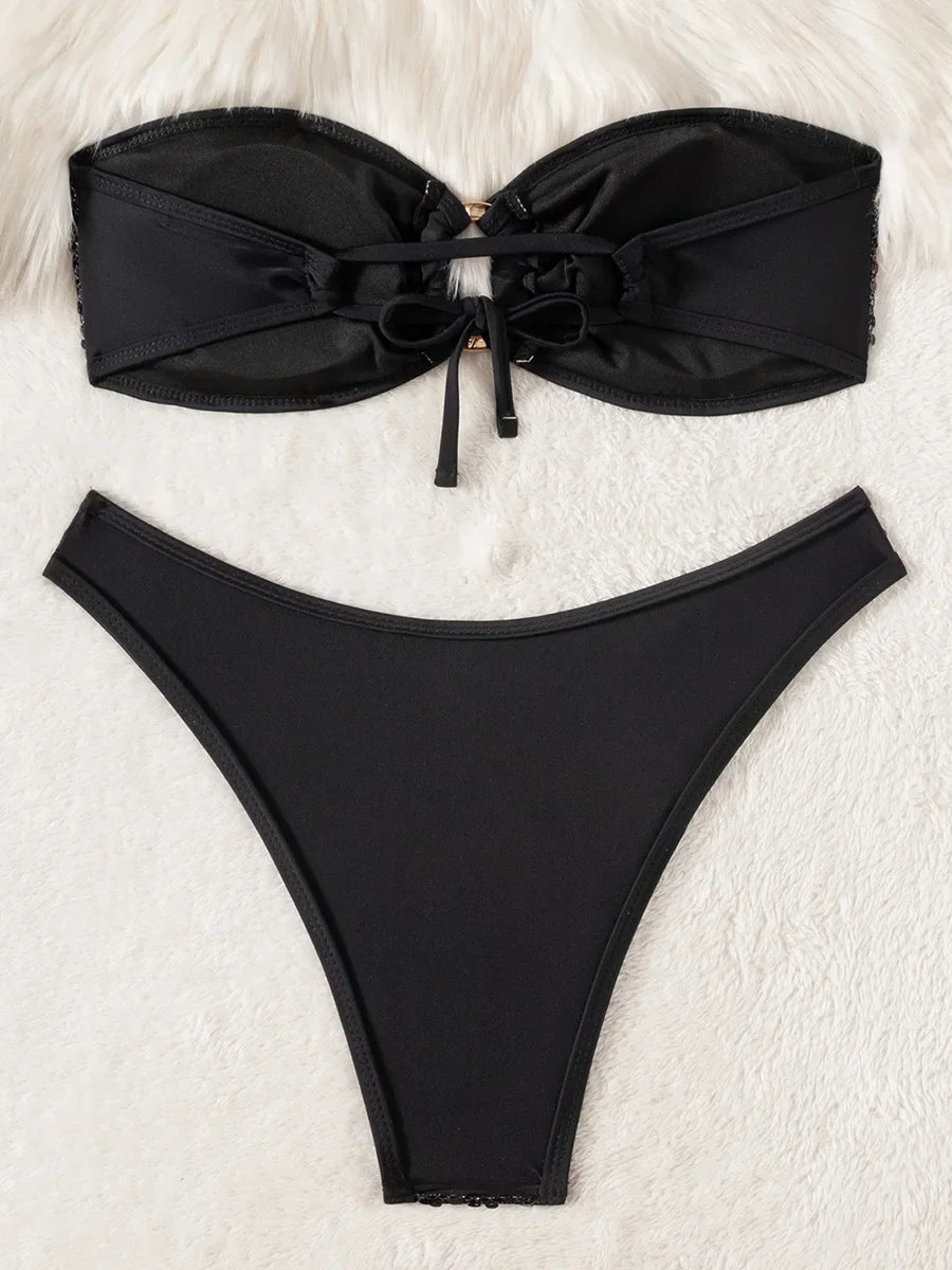 Shiny Sequins Mesh Bandeau Bikini Female Swimsuit Women Swimwear Two-pieces Bikini Set Brazilian Bathing Suit Swim Beach Wear