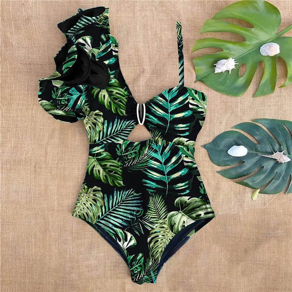Ruffle Print Floral One Piece Strappy One shoulder Swimwear Women Swimsuit Bathing Suit Backless Beachwear Monkini