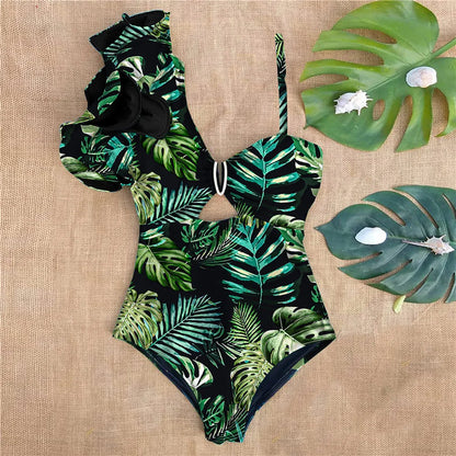 Ruffle Print Floral One Piece Strappy One shoulder Swimwear Women Swimsuit Bathing Suit Backless Beachwear Monkini