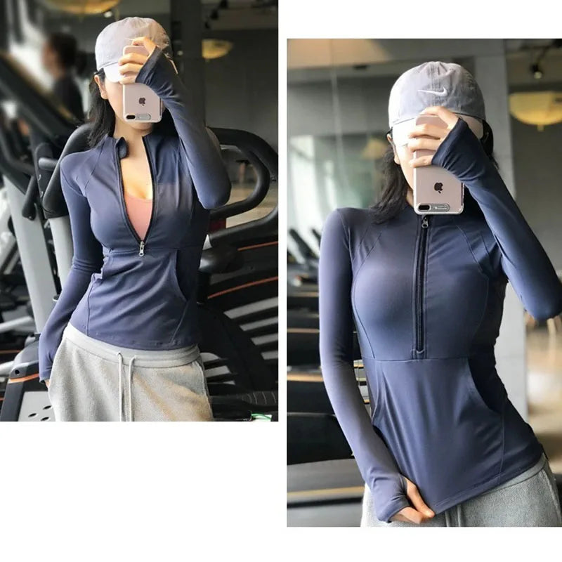 Gym Jacket with Pockets Half Zipper Yoga Shirts Thumbhole Long Sleeve Gym Shirt Running Jackets Quater Zip Workout Yoga Top