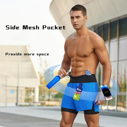 (S-2XL)Men Trail Running Shorts Double Layer Around Pocket Quick Dry Lightweight Marathon Racing Fitness Training Sport Shorts