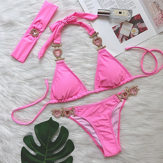 Pink Bikinis Swimsuit With Heart Rhinestones Women Swimwear Female Push Up Bikini Beach Swim Wear Bathing Suits Pool Bather