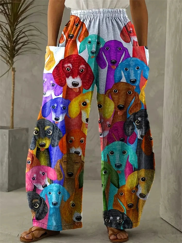 Women's Large Size Cartoon Cat Loose Wide-legged Pants Fall And Winter Casual Elastic Waist Pants Home Large Size Women Clothing