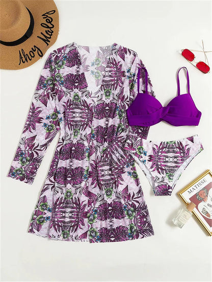 3 Pieces High Waist Bikini With Long Sleeve Kimono Swimsuit Women Print Swimwear Female Bathing Swimming Beach Suit Summer