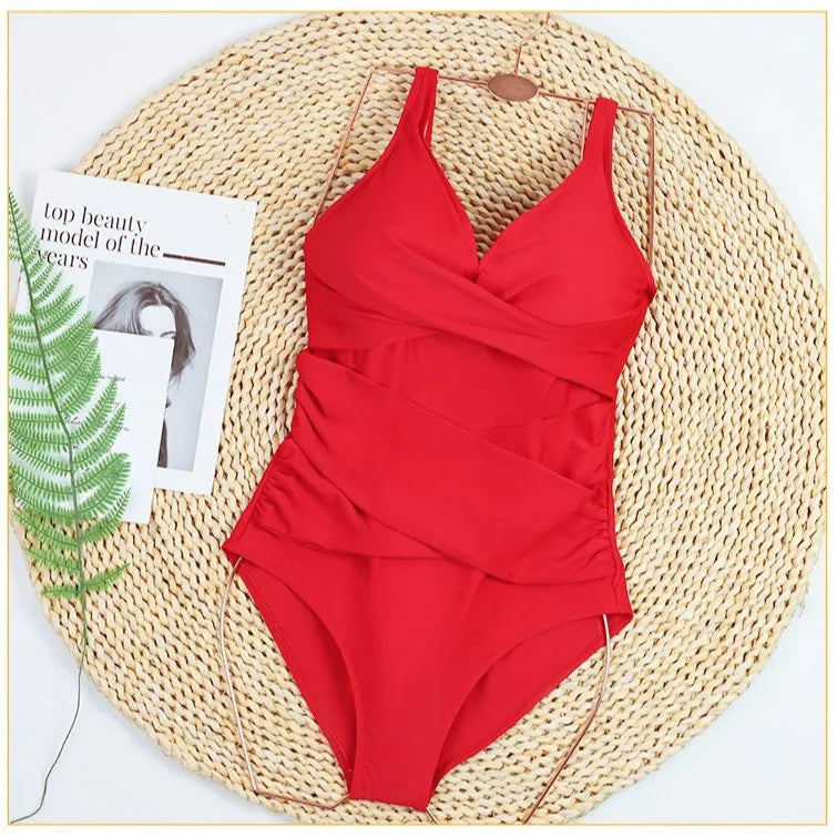 V-Neck Swimsuit Women One Piece Swimwear Solid Beachwear Female Bathing Suit Swimming Swim Bodysuit