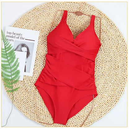 V-Neck Swimsuit Women One Piece Swimwear Solid Beachwear Female Bathing Suit Swimming Swim Bodysuit
