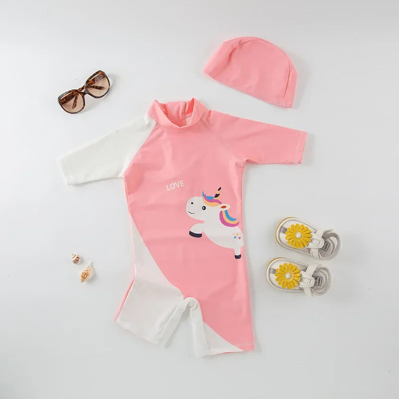 UV Baby Boy Swimsuit One Piece Swimming Jumpsuit Ruffles Bathing Suit SPF 50 Long Sleeve Kids Swimwear for Girls 1-7 Years