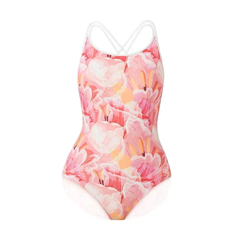 Women Flower Printed One-piece Racing Competition Swimsuit Fashion Sun Protection High Stretch Training Professional Swimwear