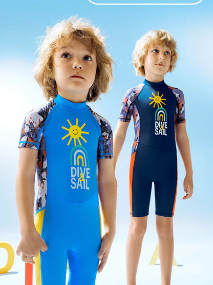Children's Swimsuit Boys One-Piece Swimsuit Short-Sleeved Beach Sunscreen Professional Training Swimsuit