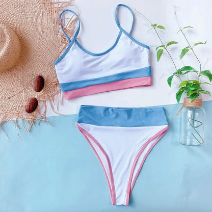 Bikini Women Push Up Swimwear Swimsuit Tricolor Patchwork High Waist Beach Bikinis Set Bathing Suit Bikini