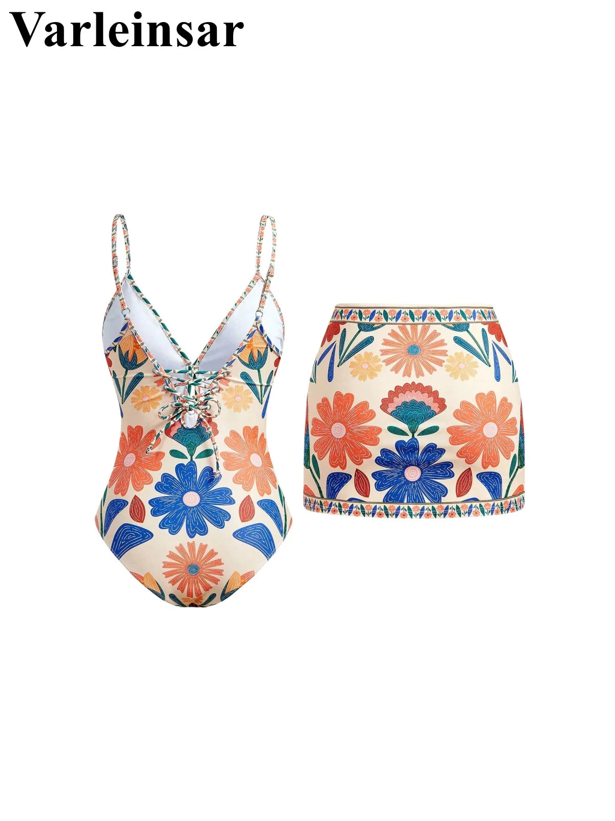 S - XL New Floral Printed With Skirt Women Swimwear One Piece Swimsuit Female V Neck High Leg Cut Bather Bathing Suit Swim V8041
