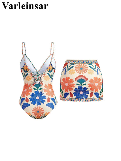S - XL New Floral Printed With Skirt Women Swimwear One Piece Swimsuit Female V Neck High Leg Cut Bather Bathing Suit Swim V8041