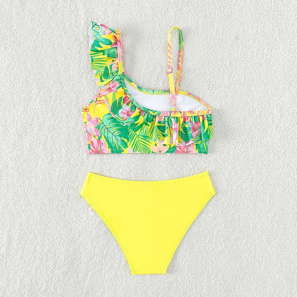 Kids Oblique Shoulder Sling Split Swimsuit Girl Quick Dry Breathable Bikini Swimwear Kid Two Pieces