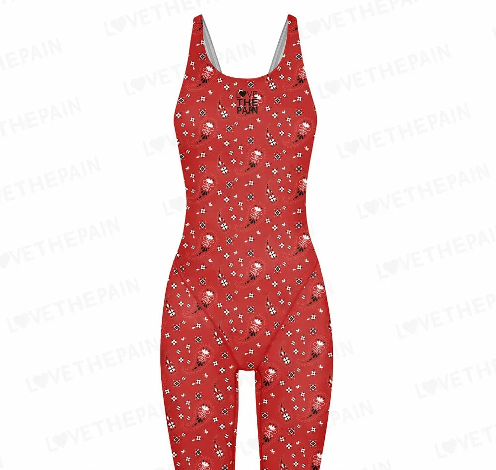 Love The Pain Women Racer Back Bodysuit Knee Length Swimsuit Professional Sports Training Swimwear Backless Athletic Swimsuit