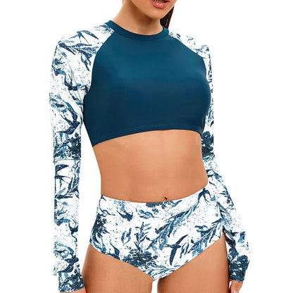 Long Sleeve Print Swimsuit Women 2-Piece High Waist Surfing Suit Bikini Round Neck Bathing Suit Summer Beach Swimwear