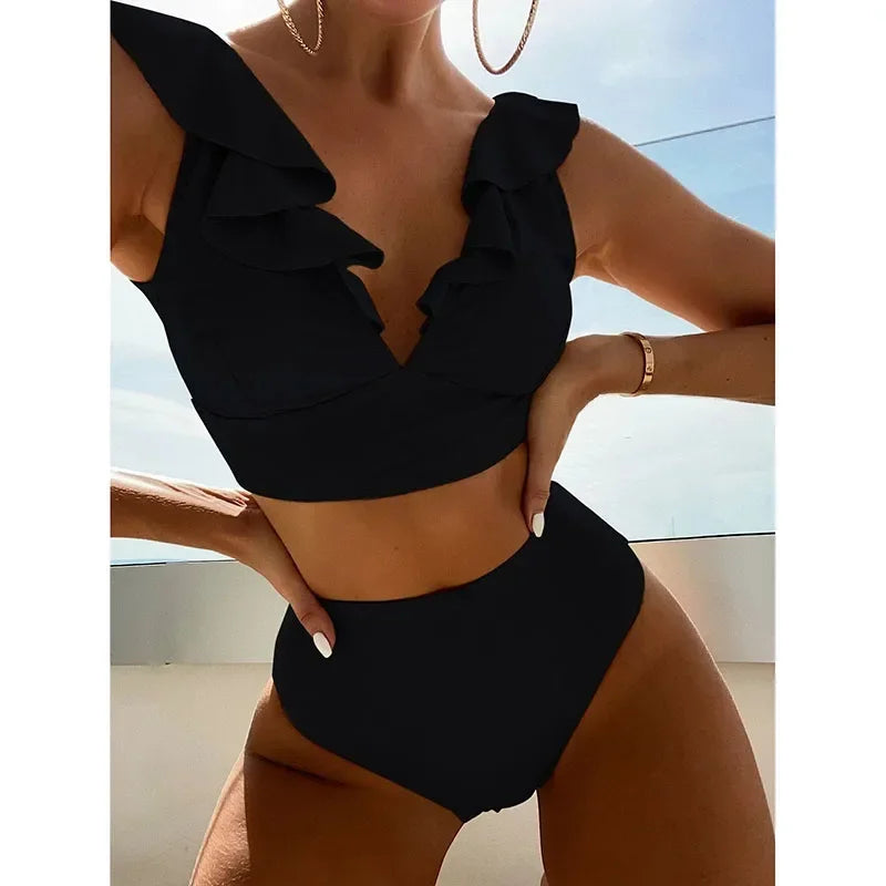 High Waist Bikinis Set Ruffle Shoulder Plunging Swimwear Women Bathing Suit Summer Beachwear