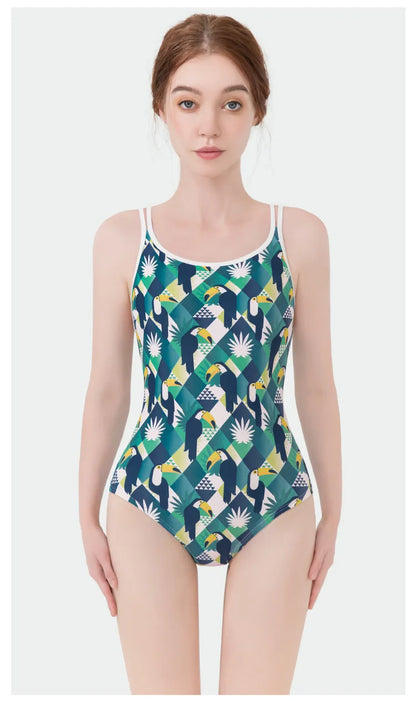 Women Flower Printed One-piece Racing Competition Swimsuit Fashion Sun Protection High Stretch Training Professional Swimwear