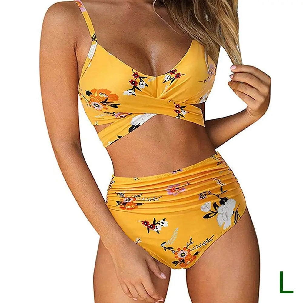 Bikini Two Piece Suit Cross Front Slim High Waisted Bottom Solid/Print Breathable Quick Drying Beachwear