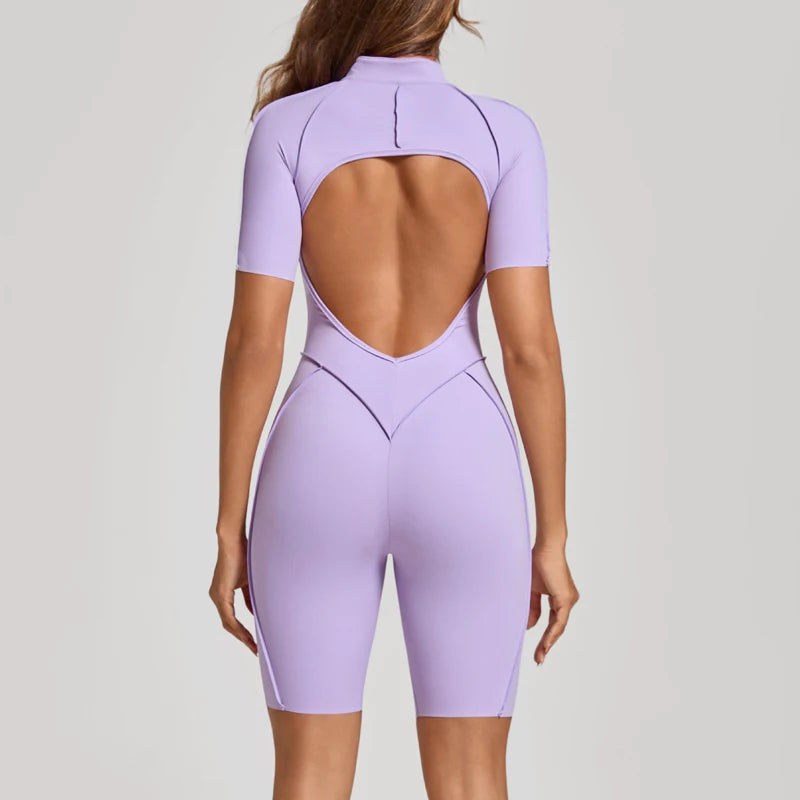 Women's Short-Sleeve Zip-Front Open-Back Workout Playsuit