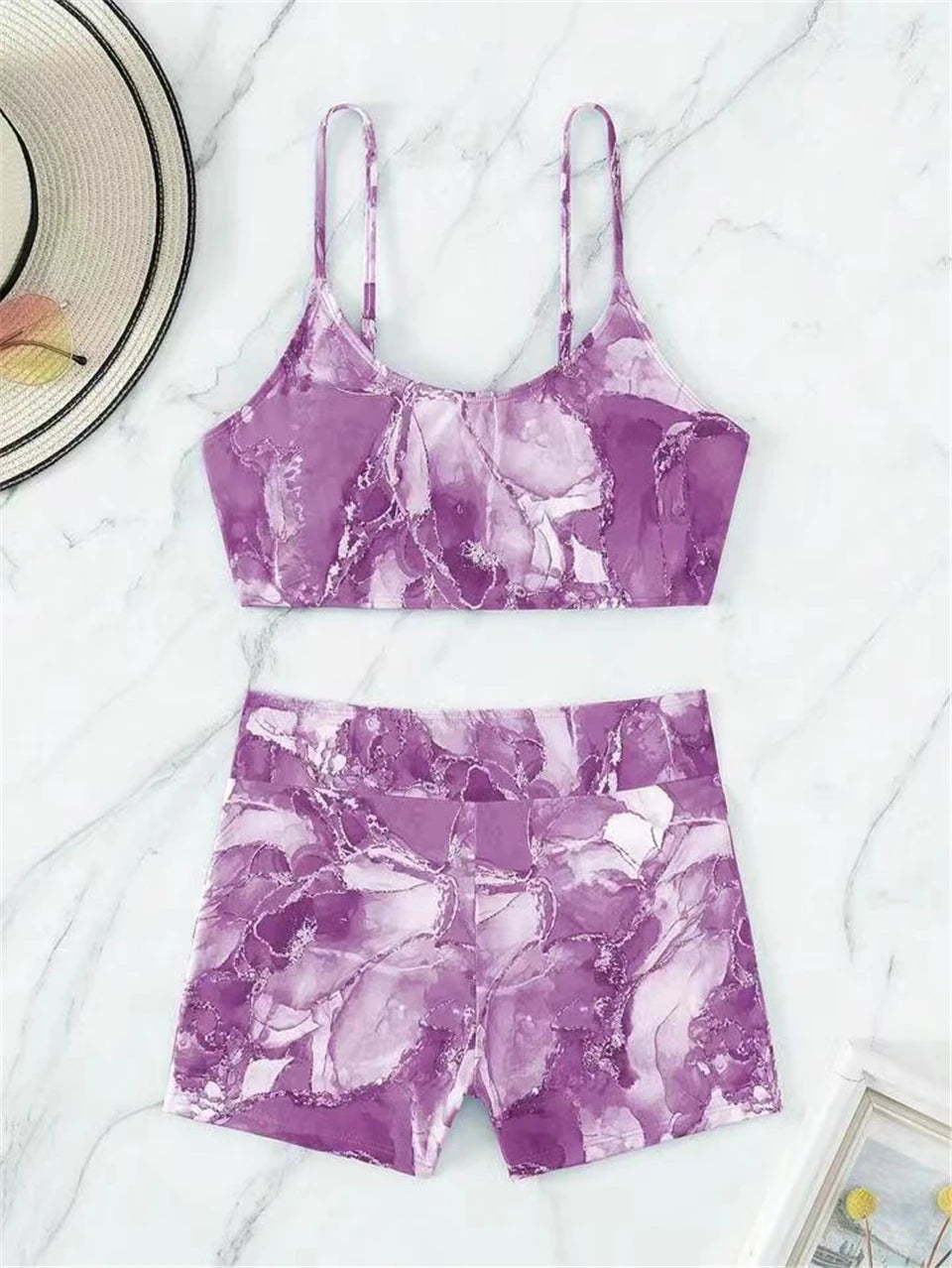 Two Pieces Marble Print Swimwear Women High Waist Swimsuit Summer Beach Wear Female Bathers Bathing Swimming Sport Suit