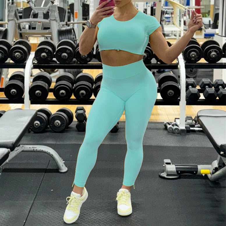 2PCS Pad Yoga Set Women Sportswear Workout Clothes Athletic Wear Gym Legging Fitness Bra Crop Top Short Sleeves Sports Suit