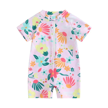 Toddler Girls Rash Guard Swimsuit Rompers Zipper Short Sleeve Floral Print Kids Bathing Suit Baby Swimwear