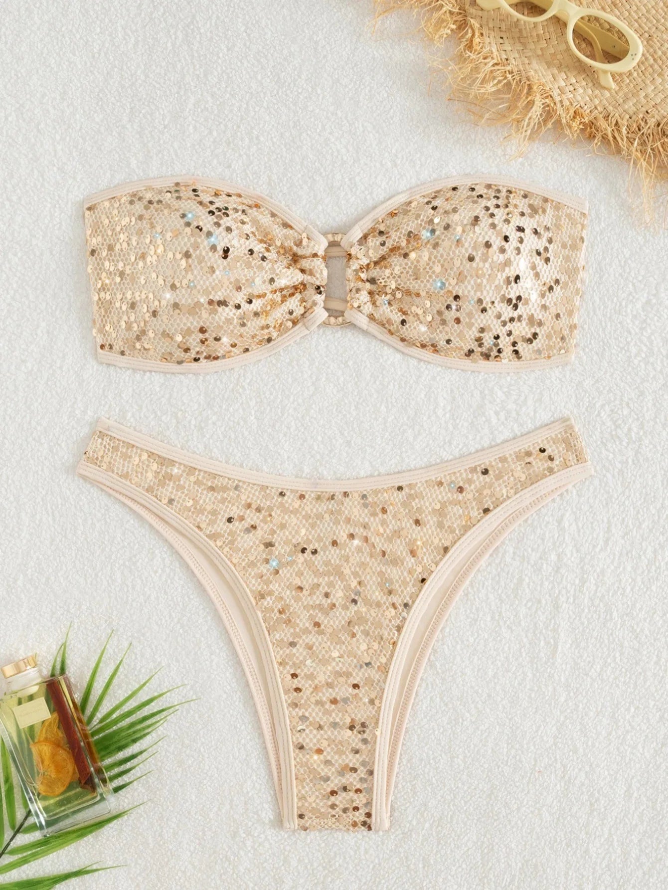 Shiny Sequin Bandeau Bikini Sets Women Front Push Up Micro Bikini Swimsuit Summer Red Bathing Suit Thong Swimwear Biquini