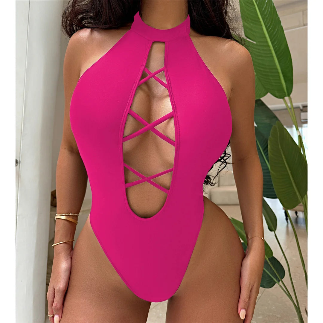 S - XL 7 Colors Lace Up High Neck Full Back Women Swimwear One Piece Swimsuit Female High Leg Cut Bather Bathing Suit Swim