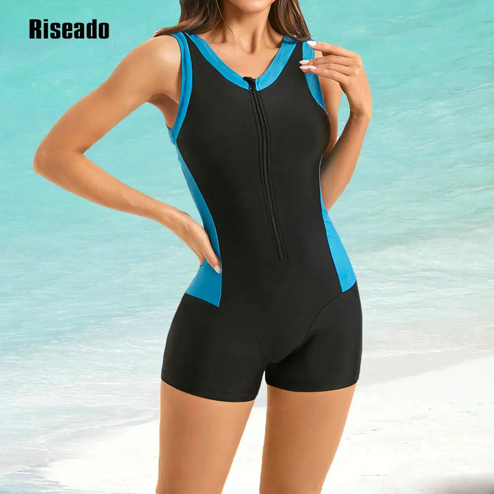 Women One Piece Swimsuit Sleeveless V Neck Beachwear Female Boyleg Swimwear with Zipper