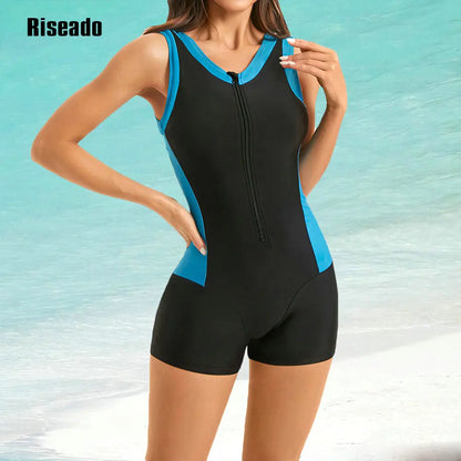 Women One Piece Swimsuit Sleeveless V Neck Beachwear Female Boyleg Swimwear with Zipper