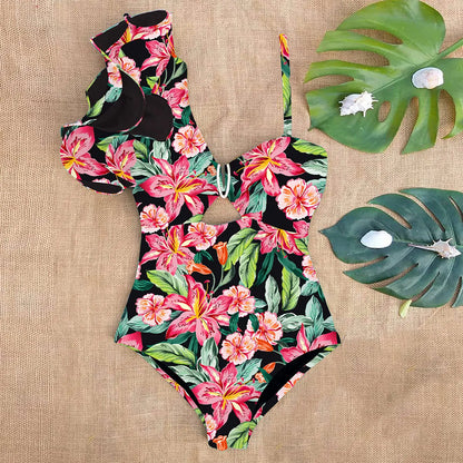 Ruffle Print Floral One Piece Strappy One shoulder Swimwear Women Swimsuit Bathing Suit Backless Beachwear Monkini