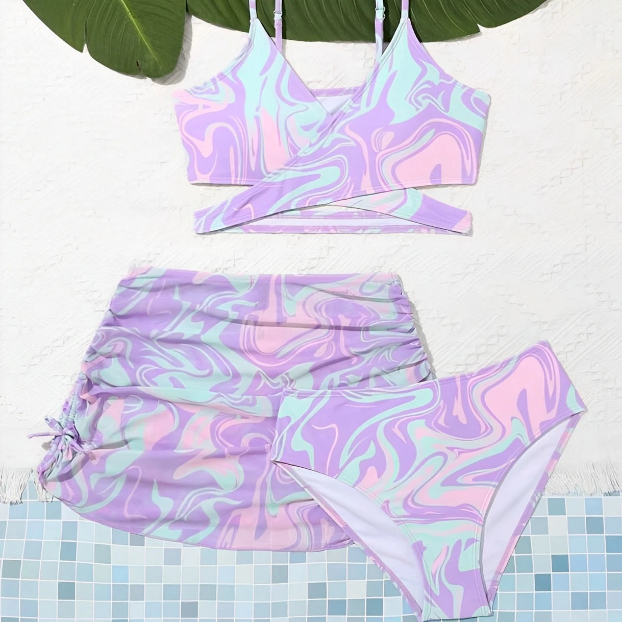 3 Pieces Tie Dye Print Bikini  Girls Swimsuit with Skirt Kids Swimwear Female Bathers Bathing Swimming Swim Suit Beachwear