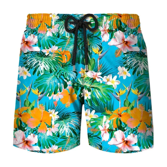 Flower Leaf Graphic Swim Trunks For Men Ethnic Feathers 3D Printed Short Pants Summer Loose Harajuku Sport Street Board Shorts