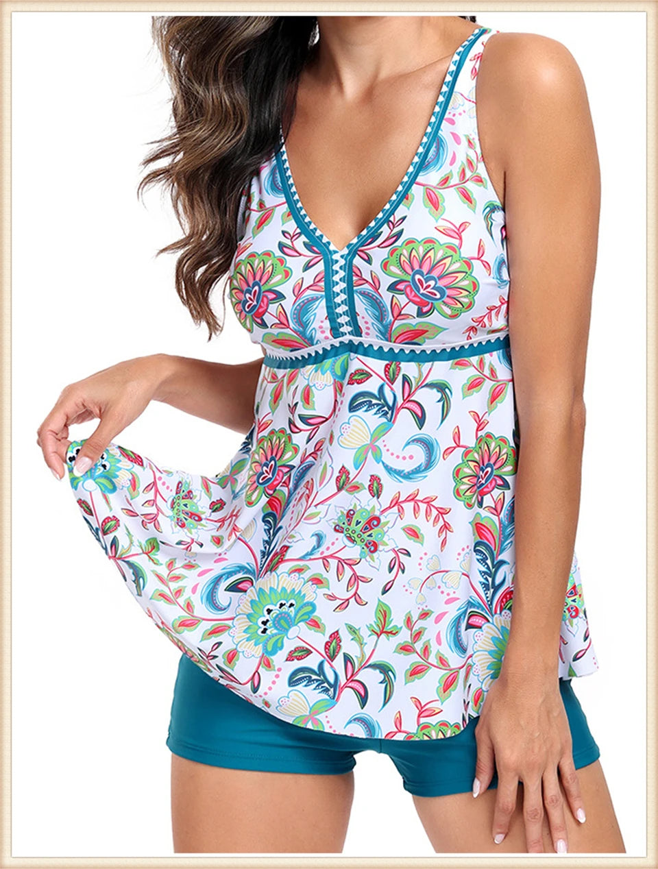Two Piece Swimsuit Women V-Neck Print Tankini Set Female High Waist Swimwear Beachwear Bathers Bathing Swimming Suit Summer