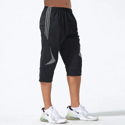 Outdoor Sports Men Striped Tracksuit Sweatpants Summer Breathable Elastic Waist Quick Dry Joggers Training Hiking Capris Pants