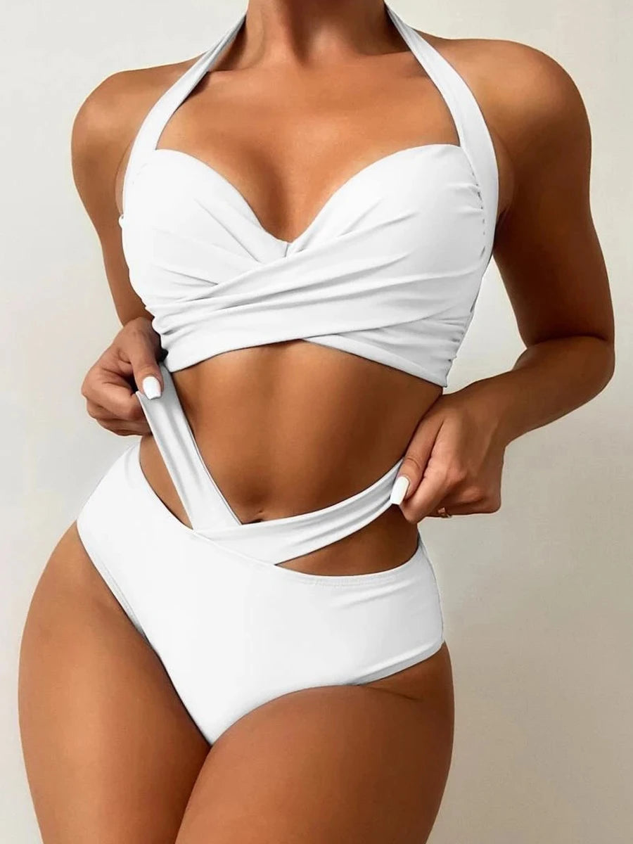 Halter High Waist Bikini Women Tie Dye Swimsuit Push Up Swimwear Female Printed Bathing Suit Lace Up Back Beachwear