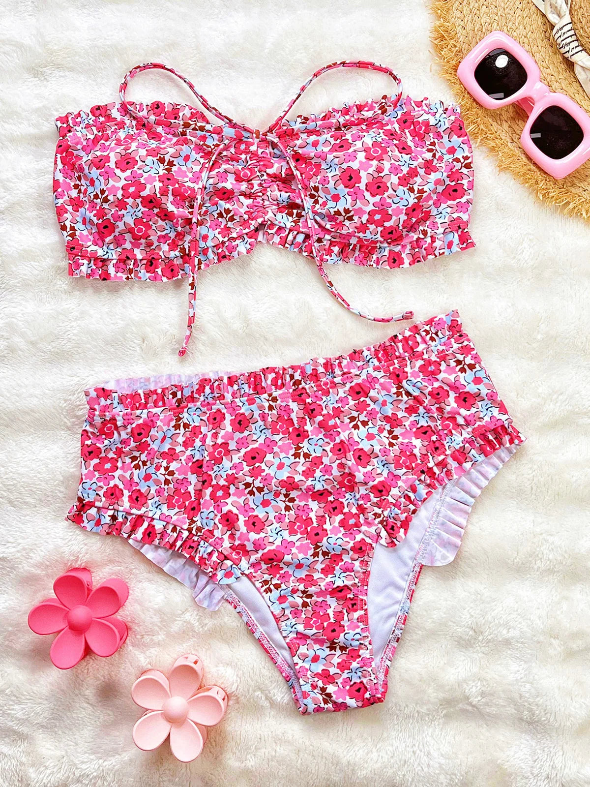 Flowers Printed Bandeau Female Swimsuit High Waist Bikini Women Swimwear Two-pieces Bikini set Bather Bathing Suit Swim