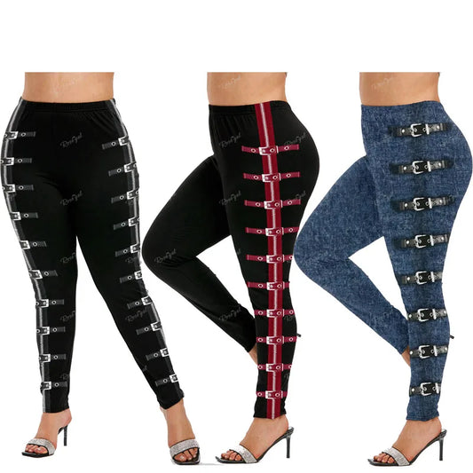ROSEGAL 5XL Women's Plus Size Leggings Gothic 3D Zipper Buckles Printed Pencil Pants Oversized High Waist Skinny Trousers Mujer