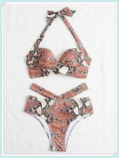 Halter High Waist Bikini Women Tie Dye Swimsuit Push Up Swimwear Female Printed Bathing Suit Lace Up Back Beachwear