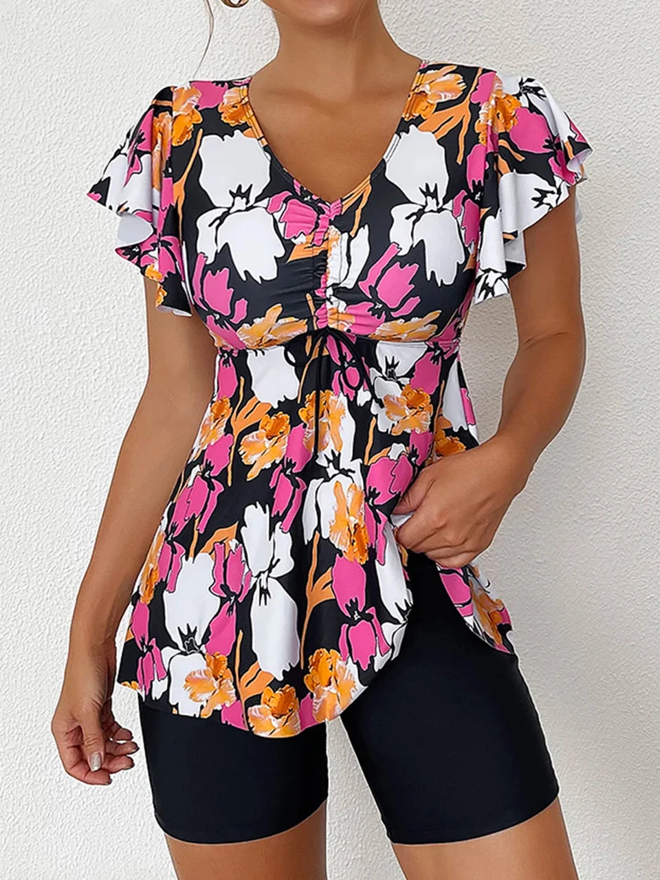 Drawstring Front Tankini Set Skirt Women High Waist Swimsuit Summer Beachwear Female Bathers Bathing Swimming Swim Suit