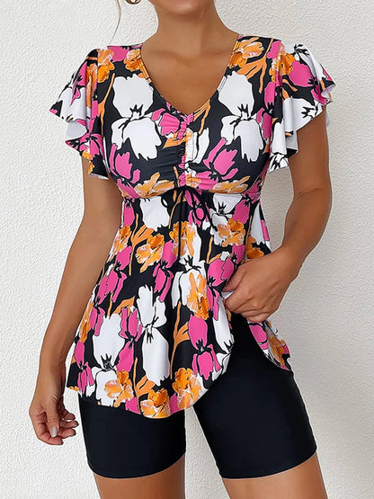 Drawstring Front Tankini Set Skirt Women High Waist Swimsuit Summer Beachwear Female Bathers Bathing Swimming Swim Suit