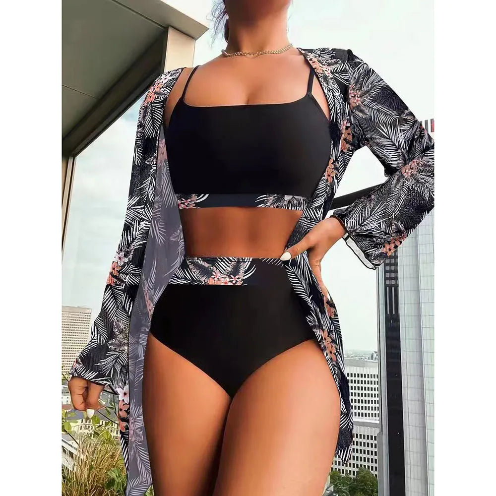 Three Pieces Bikini Set Cover Up Swimwear High Waisted Bikini Set Women's Swimwear Print  For Female Bath Suit Tropical