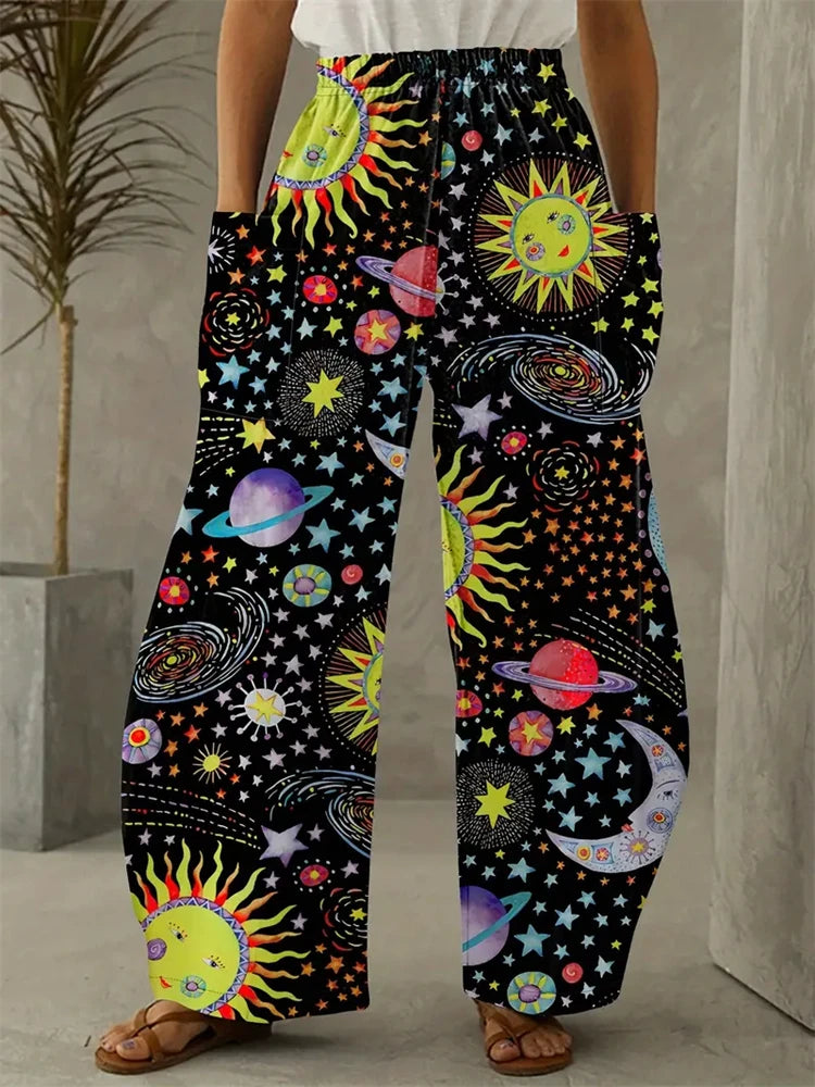 Simple Star And Moon Abstract Sun Print Pants Fashionable European And American Ladies Wide-leg Pants Delicate And Elegant Pants