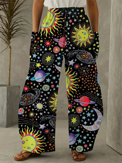 Simple Star And Moon Abstract Sun Print Pants Fashionable European And American Ladies Wide-leg Pants Delicate And Elegant Pants