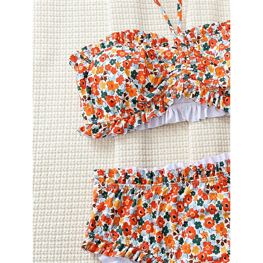 Flowers Printed Bandeau Female Swimsuit High Waist Bikini Women Swimwear Two-pieces Bikini set Bather Bathing Suit Swim