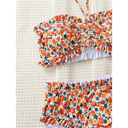 Flowers Printed Bandeau Female Swimsuit High Waist Bikini Women Swimwear Two-pieces Bikini set Bather Bathing Suit Swim