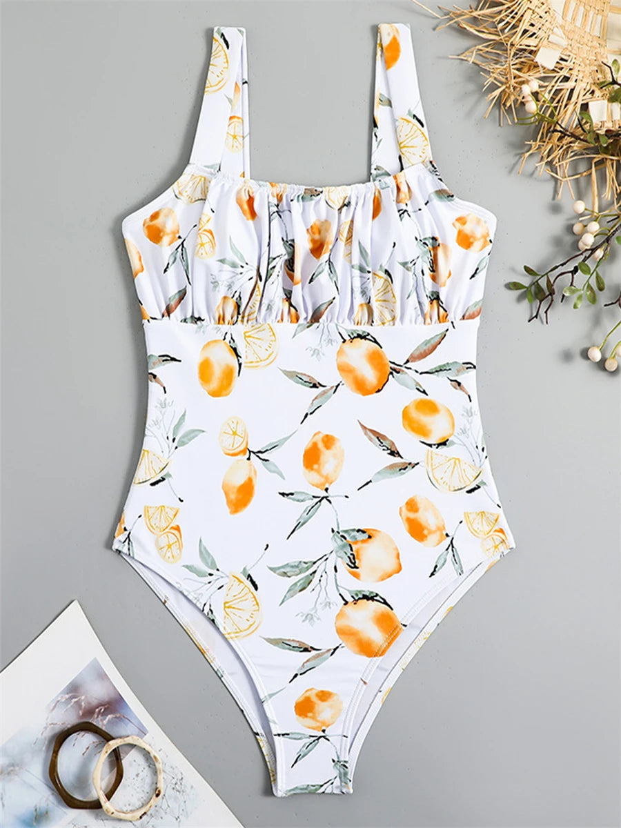 Pleated Front Swimsuit One Piece Printed Swimwear Women Bodysuit Lady Bathers Bathing Swimming Swim Beachwear Summer