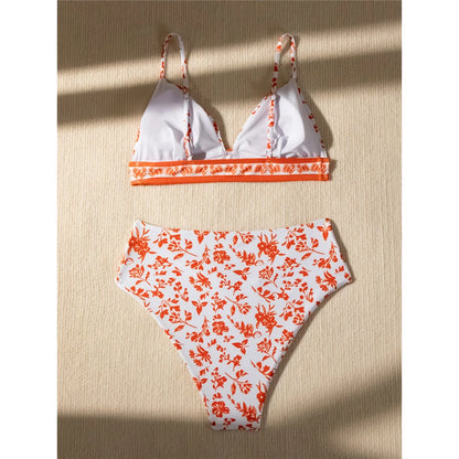 Flowers Printed High Cut Mid Waist Bikini Female Swimsuit Women Swimwear Two-pieces Bikini set Bather Bathing Suit Swim