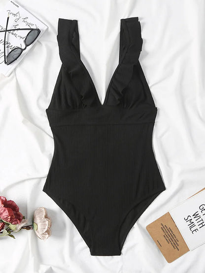 Ruffle Swimsuit One Piece Solid V-neck Backless Swimwear Women Bathing Swimming Swim Suit Female Padded Beach Wear Summer