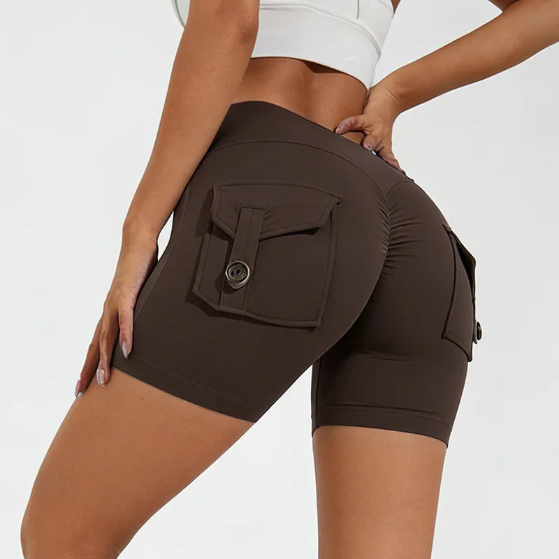 Scrunch Women Button Booty Pocket Sports Yoga Shorts Cycling Jogging Fitness High Waist Squat Proof Gym Active Leggings